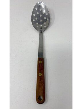 Vintage Robinson Stainless Steel Slotted Spoon With Brown Wood Handle